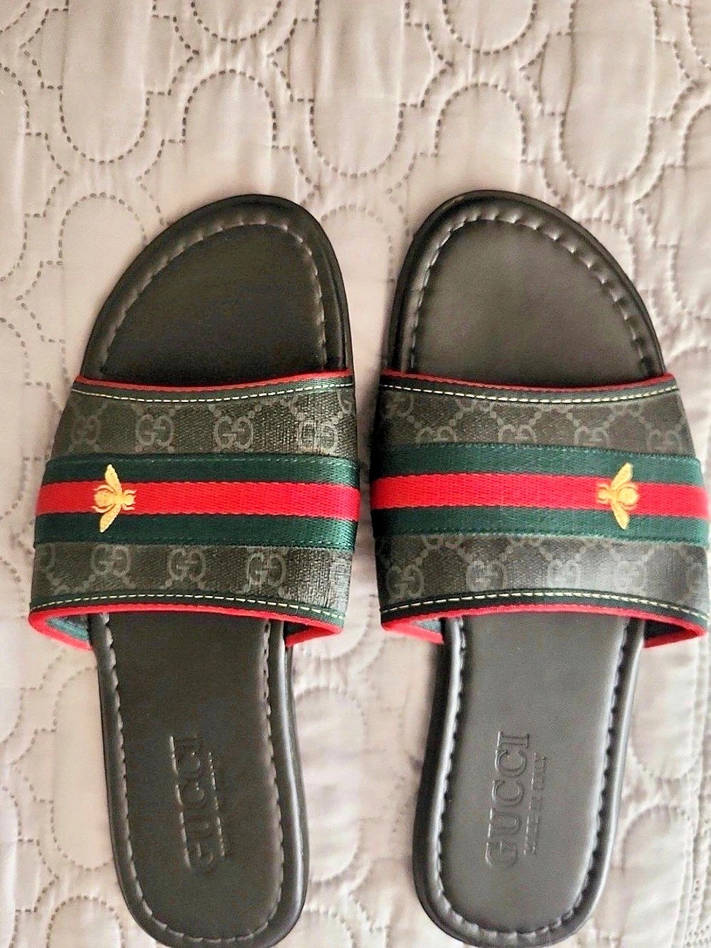 Gucci GG Supreme Bee Print Slide Sandal Brown & Red EU 40-40.5